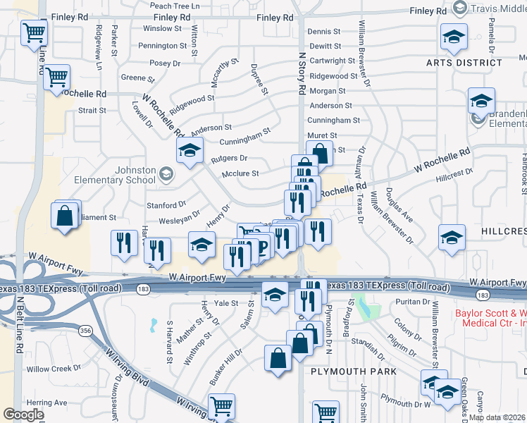 map of restaurants, bars, coffee shops, grocery stores, and more near 2520 West Rochelle Road in Irving