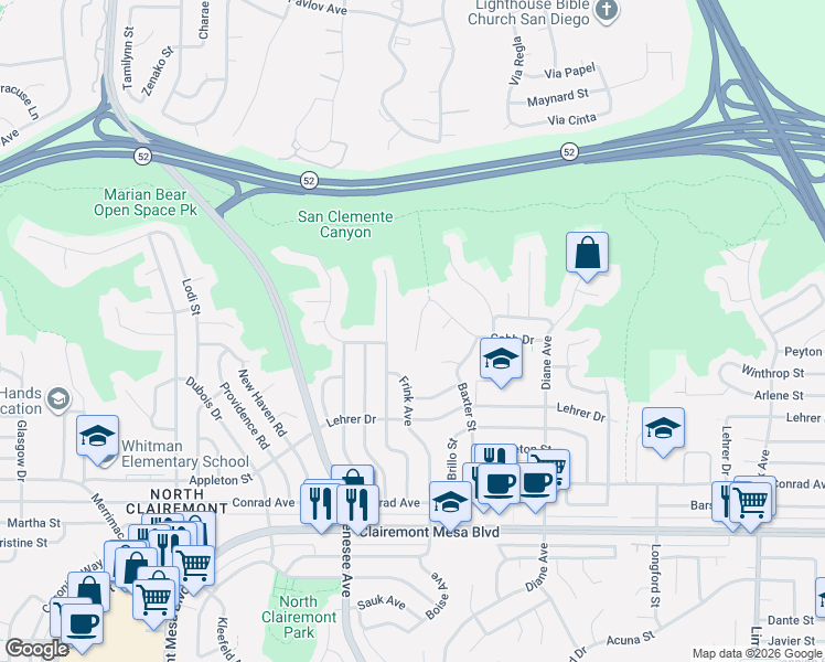 map of restaurants, bars, coffee shops, grocery stores, and more near 5242 Cobb Place in San Diego