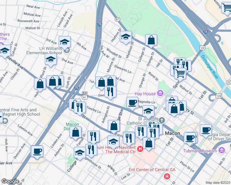 map of restaurants, bars, coffee shops, grocery stores, and more near 1295 Georgia Avenue in Macon