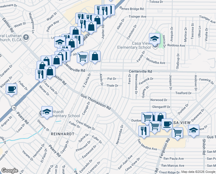 map of restaurants, bars, coffee shops, grocery stores, and more near 10663 Sylvia Drive in Dallas