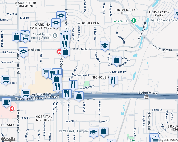 map of restaurants, bars, coffee shops, grocery stores, and more near 2520 East Newton Circle in Irving