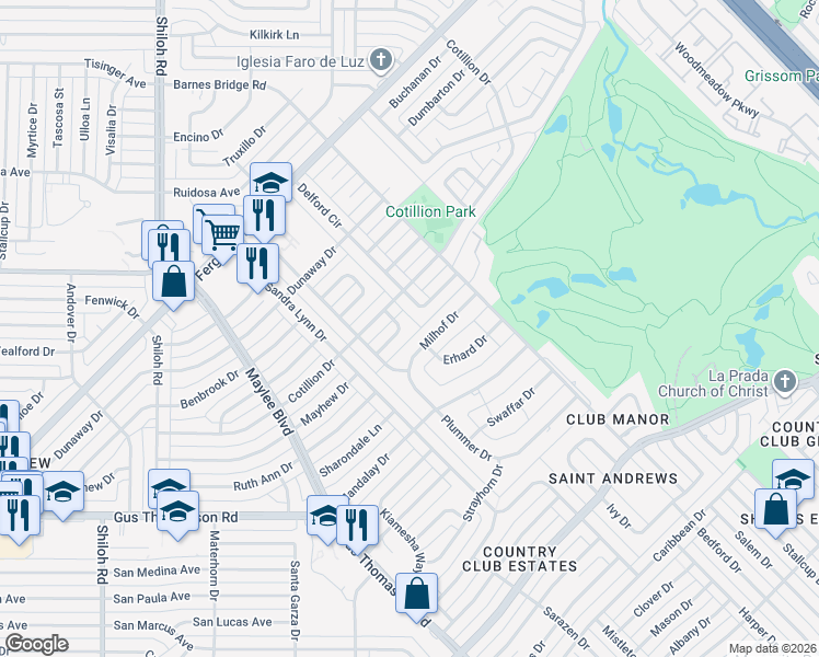 map of restaurants, bars, coffee shops, grocery stores, and more near 11035 Milhof Drive in Dallas