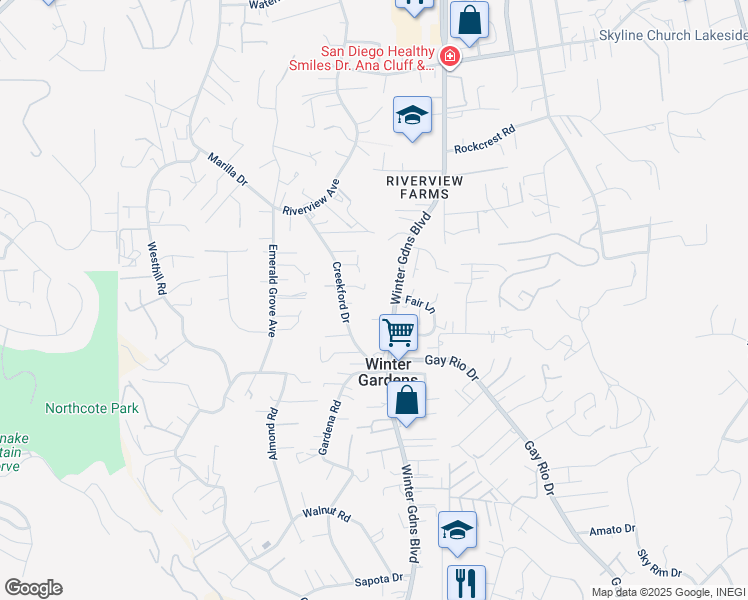map of restaurants, bars, coffee shops, grocery stores, and more near 9010 Winter Gardens Boulevard in Lakeside