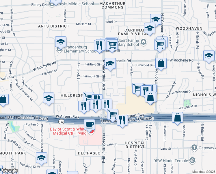 map of restaurants, bars, coffee shops, grocery stores, and more near 2402 North MacArthur Boulevard in Irving