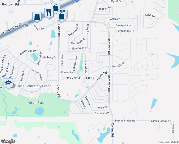 map of restaurants, bars, coffee shops, grocery stores, and more near 6113 Waterway Drive in Garland