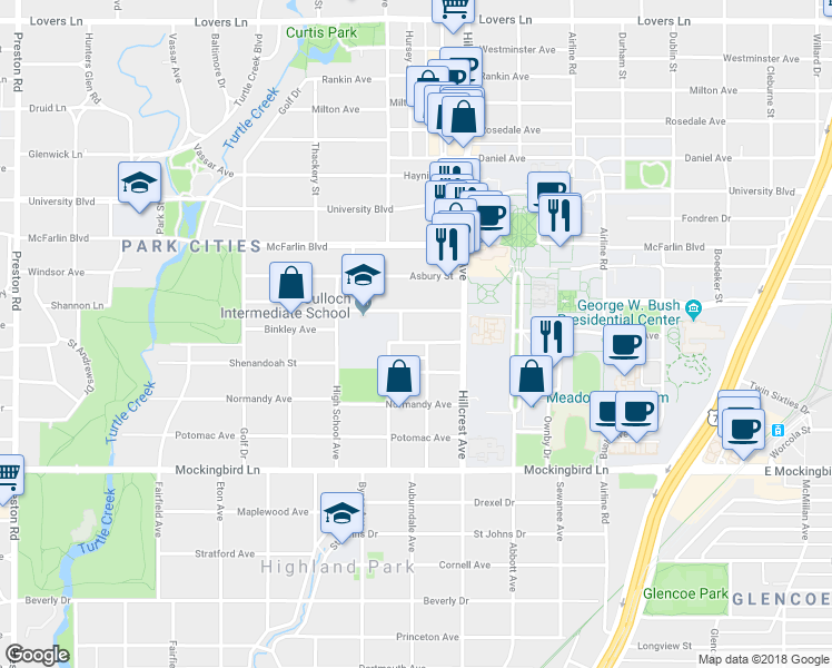 map of restaurants, bars, coffee shops, grocery stores, and more near 3442 Binkley Avenue in Dallas