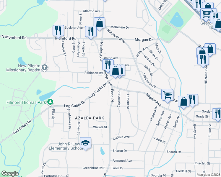 map of restaurants, bars, coffee shops, grocery stores, and more near 1005 Edna Place in Macon
