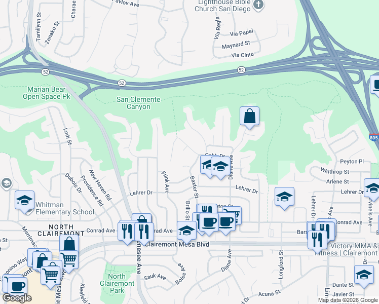 map of restaurants, bars, coffee shops, grocery stores, and more near 4675 Cobb Drive in San Diego
