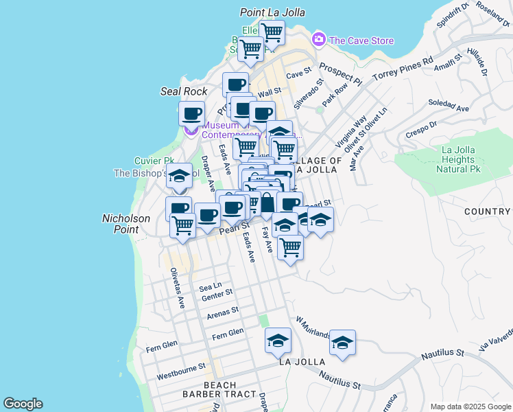 map of restaurants, bars, coffee shops, grocery stores, and more near 7540 Fay Avenue in San Diego