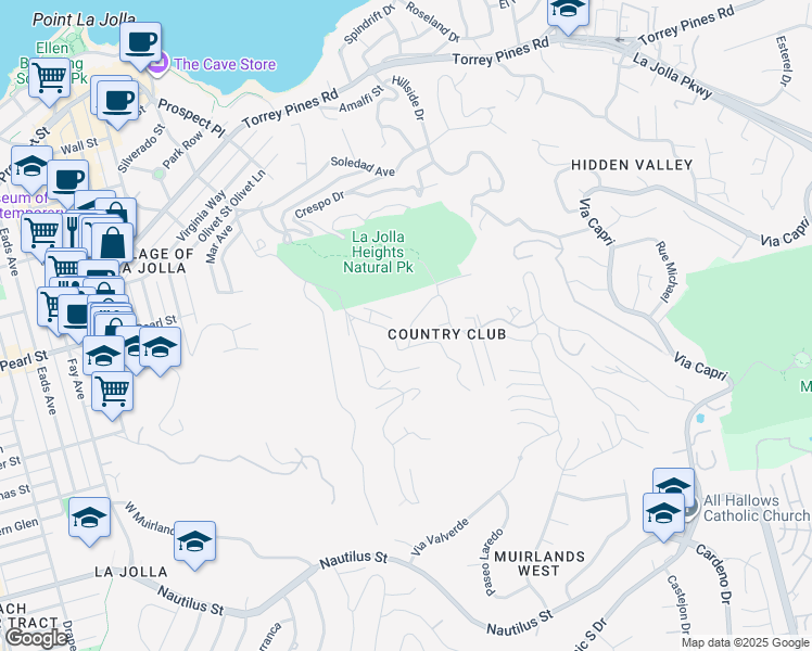 map of restaurants, bars, coffee shops, grocery stores, and more near 7330 Brodiaea Way in San Diego