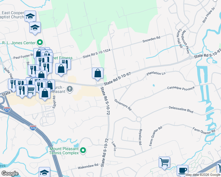 map of restaurants, bars, coffee shops, grocery stores, and more near 963 Governors Court in Mount Pleasant