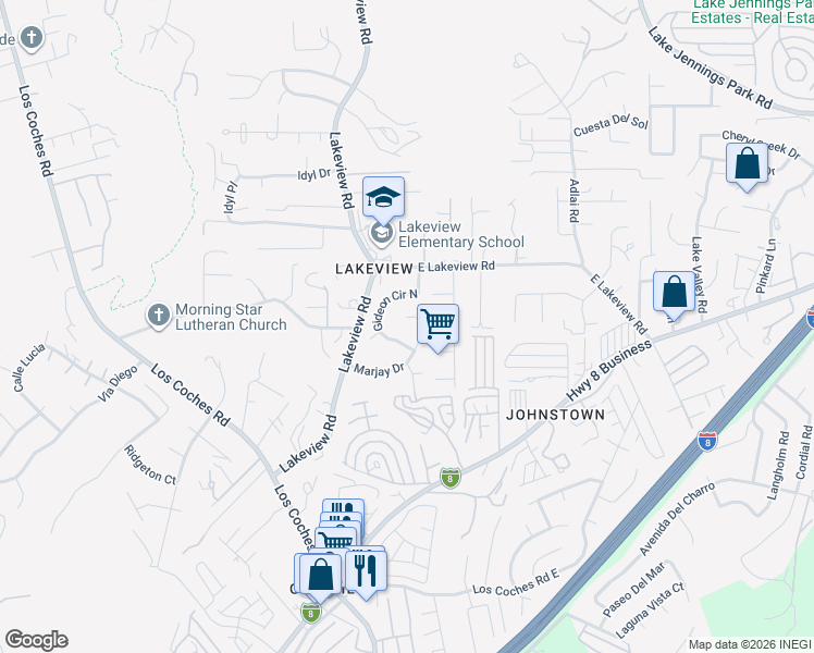 map of restaurants, bars, coffee shops, grocery stores, and more near 13444 Marjay Drive in Lakeside