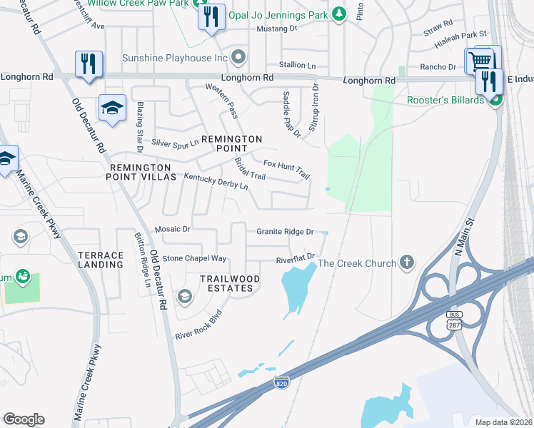 map of restaurants, bars, coffee shops, grocery stores, and more near 805 Kentucky Derby Ln in Fort Worth