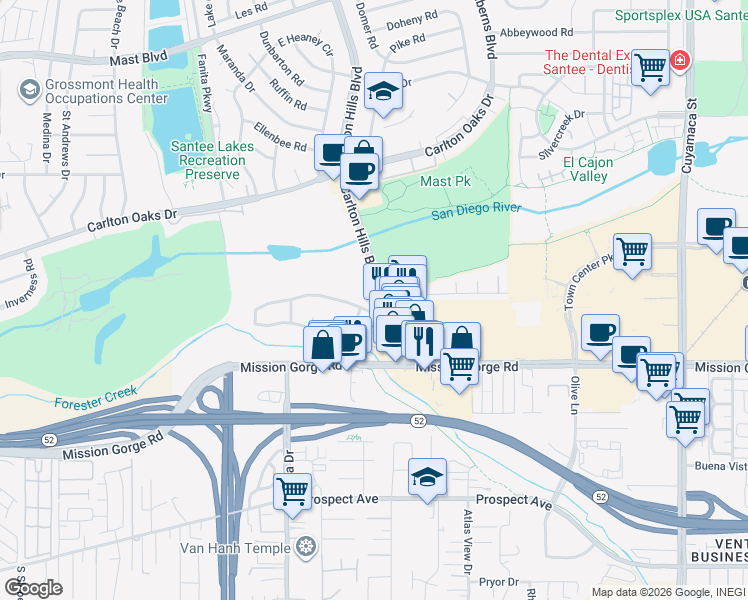 map of restaurants, bars, coffee shops, grocery stores, and more near 9016 Carlton Hills Boulevard in Santee