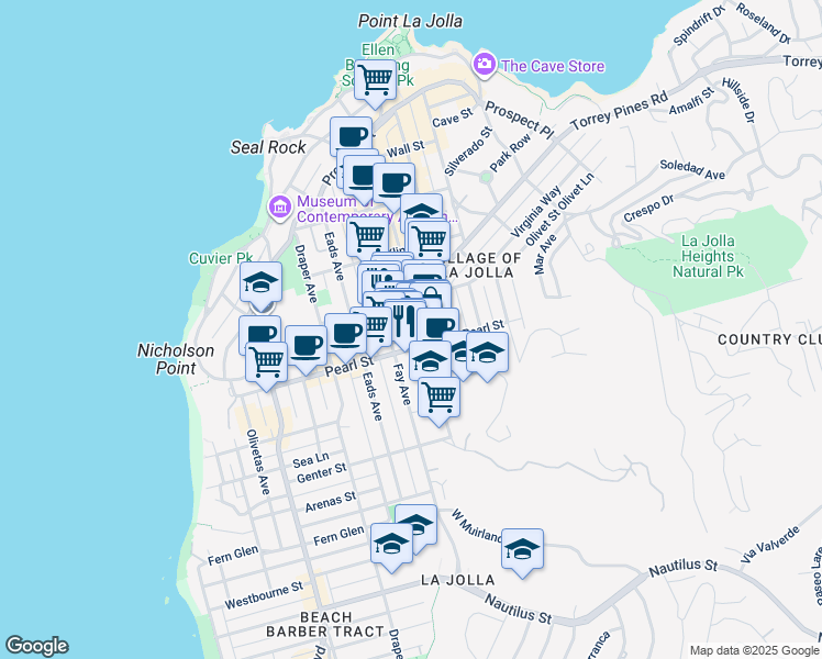 map of restaurants, bars, coffee shops, grocery stores, and more near 7514 Girard Avenue in San Diego