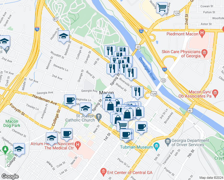 map of restaurants, bars, coffee shops, grocery stores, and more near 835 Walnut Street Lane in Macon