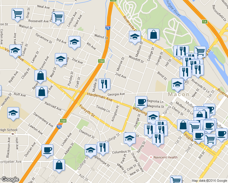 map of restaurants, bars, coffee shops, grocery stores, and more near 1379 Georgia Avenue in Macon