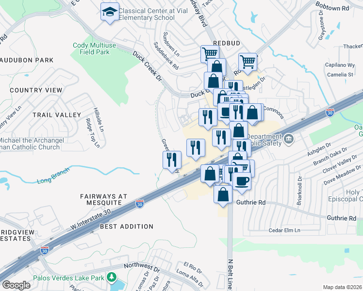 map of restaurants, bars, coffee shops, grocery stores, and more near 6302 Greenbelt Parkway in Garland