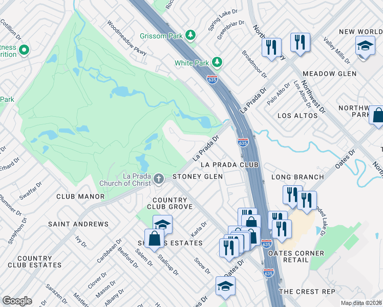 map of restaurants, bars, coffee shops, grocery stores, and more near 4123 Fairlakes Court in Dallas