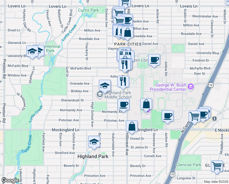 map of restaurants, bars, coffee shops, grocery stores, and more near 3442 Binkley Avenue in Dallas