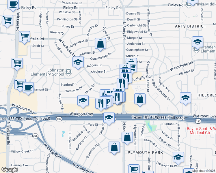 map of restaurants, bars, coffee shops, grocery stores, and more near 2520 West Rochelle Road in Irving