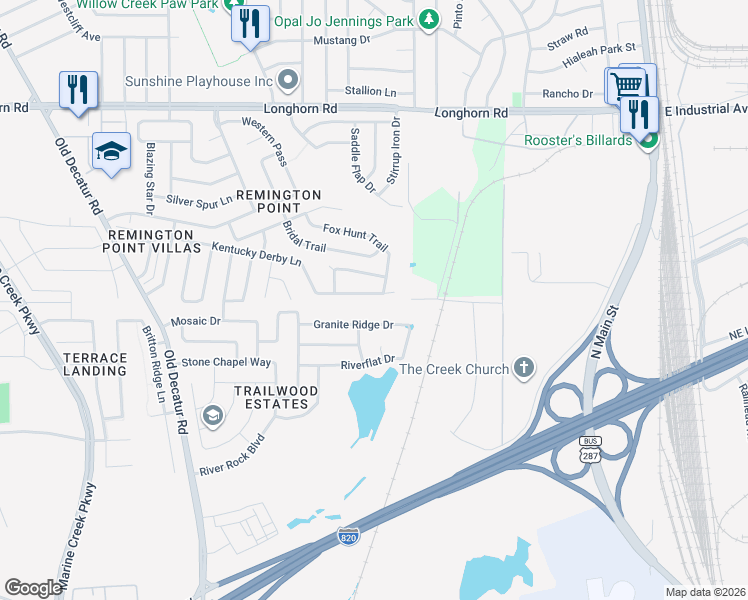 map of restaurants, bars, coffee shops, grocery stores, and more near 721 Kentucky Derby Lane in Fort Worth