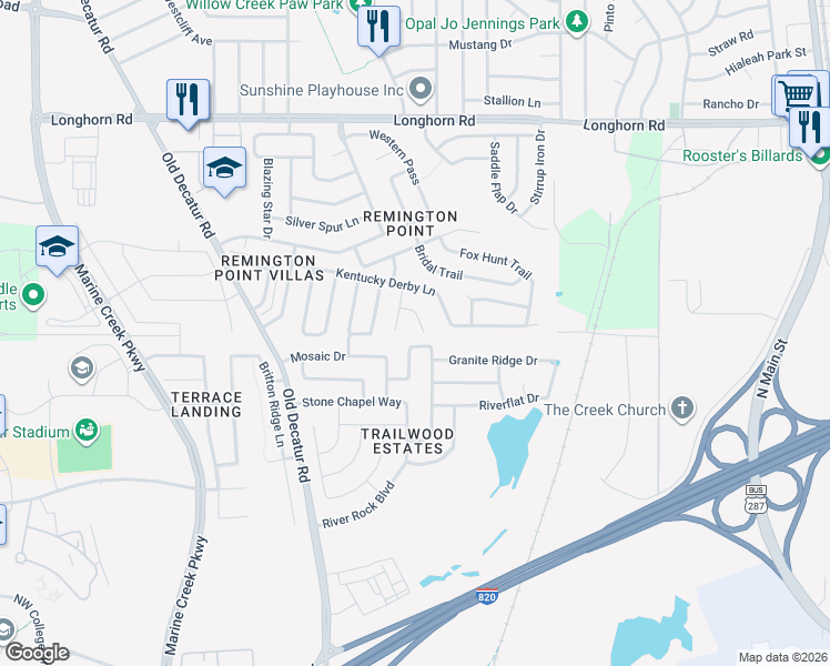 map of restaurants, bars, coffee shops, grocery stores, and more near 5800 World Champion Court in Fort Worth