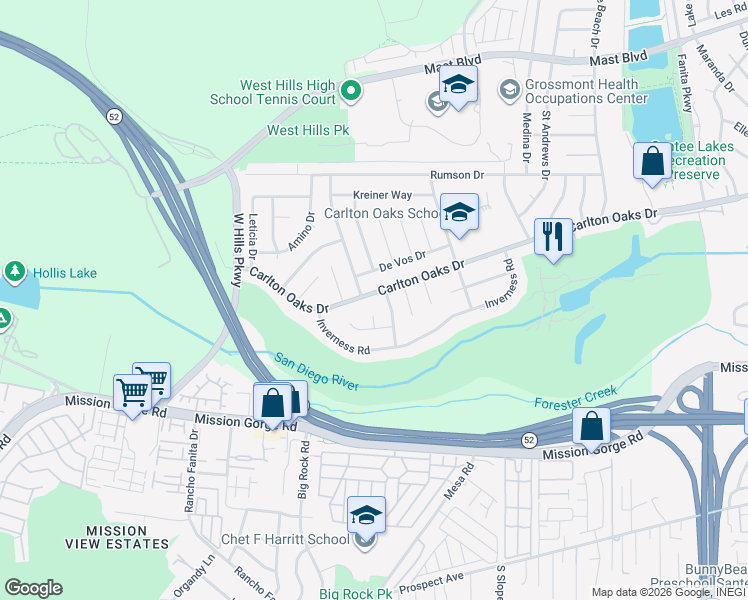 map of restaurants, bars, coffee shops, grocery stores, and more near 8439 Carlton Oaks Drive in Santee