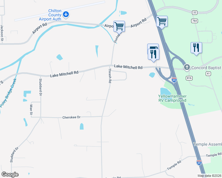 map of restaurants, bars, coffee shops, grocery stores, and more near 410 Thrash Road in Clanton