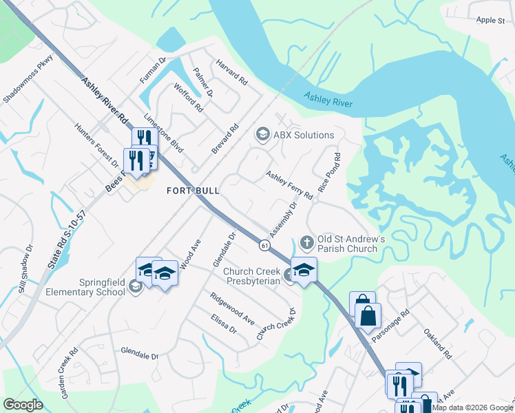 map of restaurants, bars, coffee shops, grocery stores, and more near 2309 Chairmaker Court in Charleston