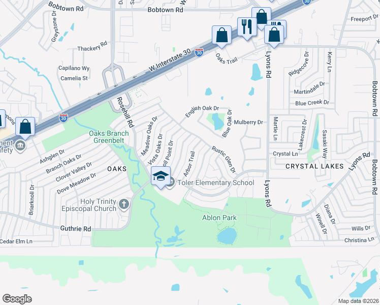 map of restaurants, bars, coffee shops, grocery stores, and more near 3609 Arbor Trail in Garland