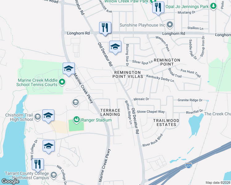 map of restaurants, bars, coffee shops, grocery stores, and more near 5705 Pawpaw Ridge Drive in Fort Worth