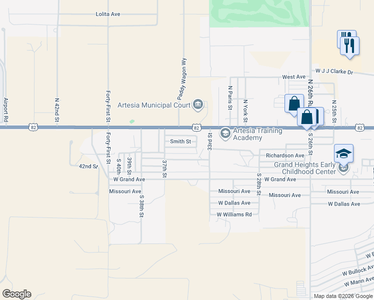 map of restaurants, bars, coffee shops, grocery stores, and more near 3510 West Quay Avenue in Artesia