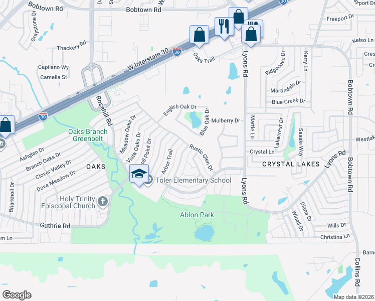 map of restaurants, bars, coffee shops, grocery stores, and more near 3726 Dumas Trail in Garland