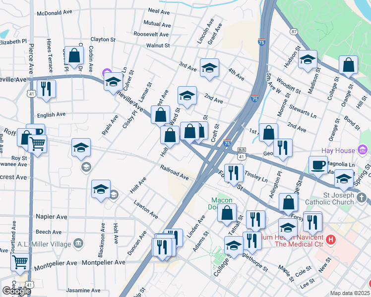 map of restaurants, bars, coffee shops, grocery stores, and more near 1946 Forsyth Street in Macon