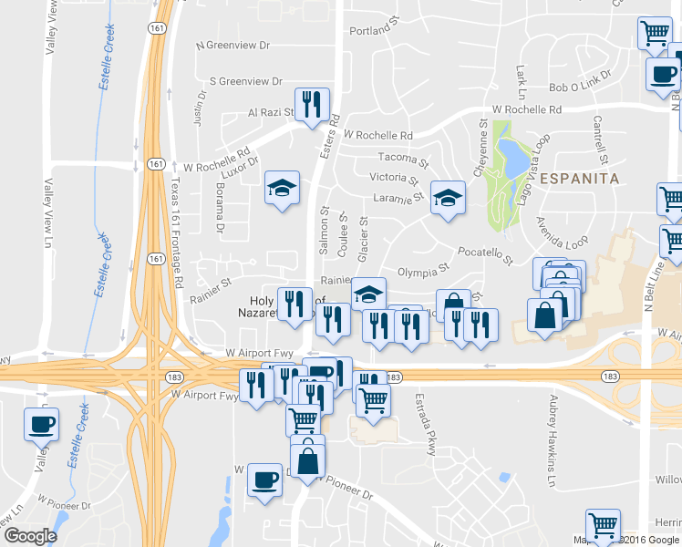 map of restaurants, bars, coffee shops, grocery stores, and more near 4211 Rainier Street in Irving