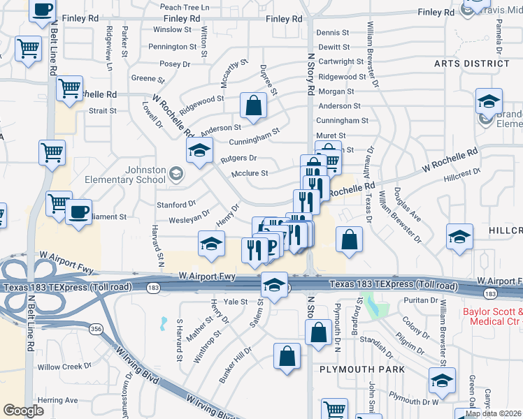 map of restaurants, bars, coffee shops, grocery stores, and more near 2520 West Rochelle Road in Irving