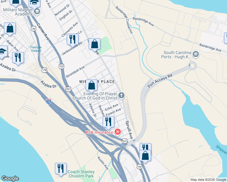 map of restaurants, bars, coffee shops, grocery stores, and more near 1973 Arbutus Avenue in North Charleston