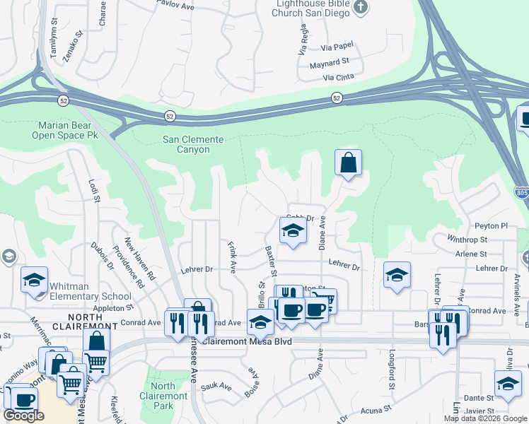 map of restaurants, bars, coffee shops, grocery stores, and more near 4675 Cobb Drive in San Diego