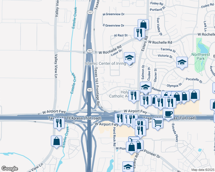 map of restaurants, bars, coffee shops, grocery stores, and more near 4443 Rainier Street in Irving