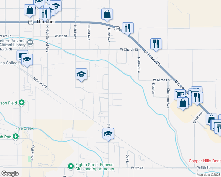 map of restaurants, bars, coffee shops, grocery stores, and more near 417 North 1st Avenue in Thatcher