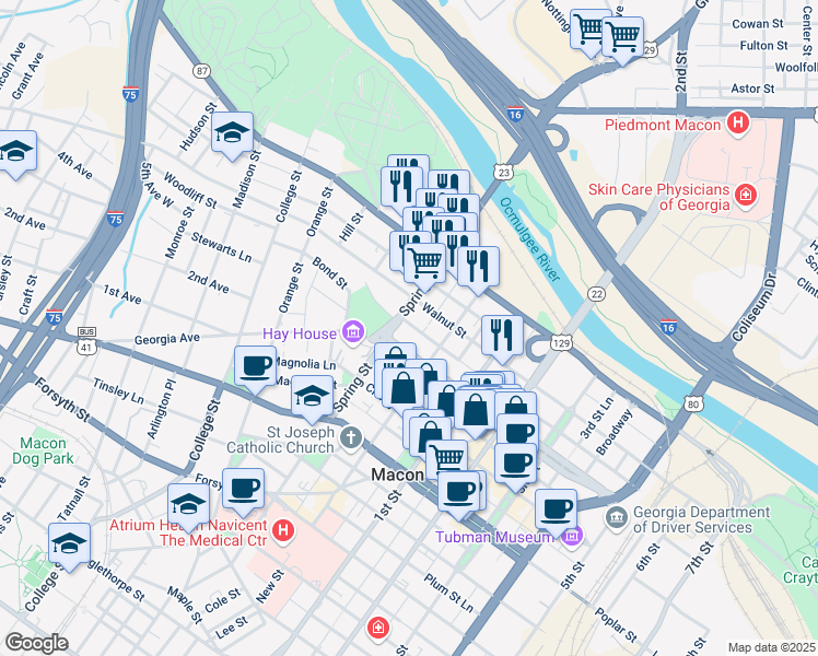 map of restaurants, bars, coffee shops, grocery stores, and more near 882 Walnut Street Lane in Macon