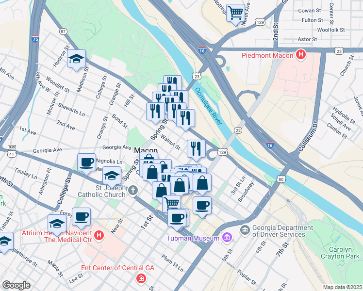 map of restaurants, bars, coffee shops, grocery stores, and more near 777 Walnut Street in Macon