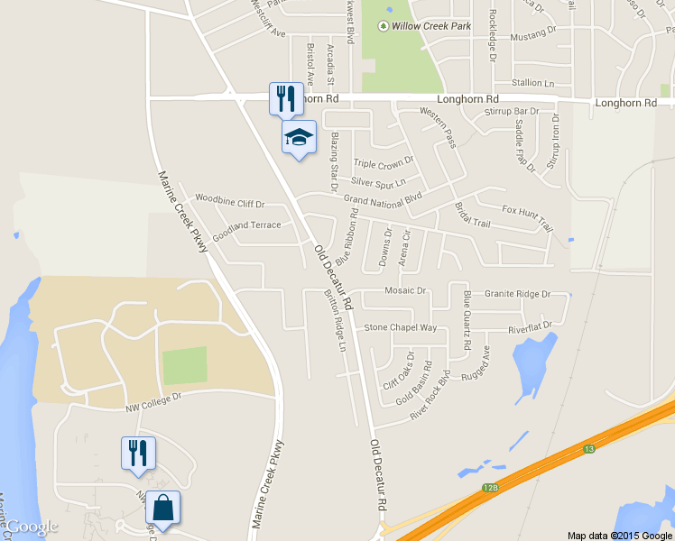 map of restaurants, bars, coffee shops, grocery stores, and more near 5700 Blue Ribbon Road in Fort Worth