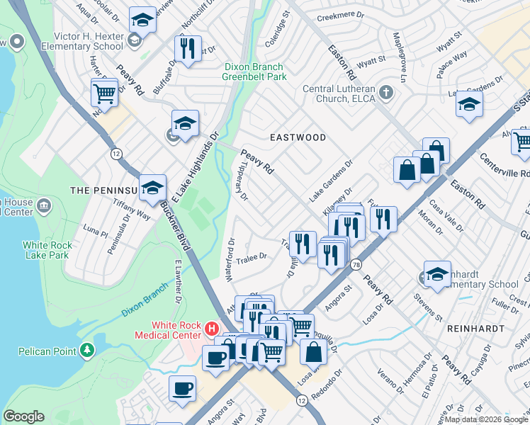 map of restaurants, bars, coffee shops, grocery stores, and more near 9806 County Cork Drive in Dallas