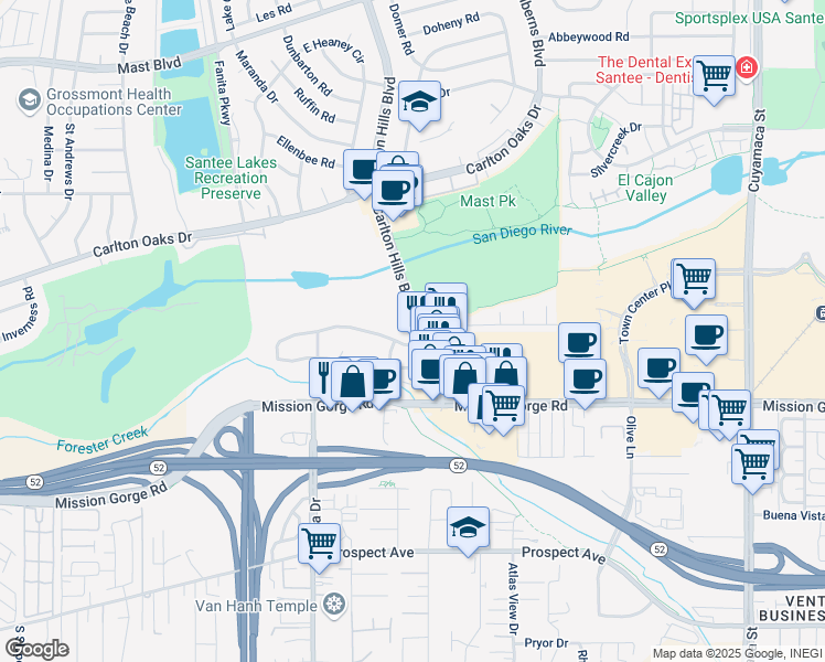 map of restaurants, bars, coffee shops, grocery stores, and more near 9016 Carlton Hills Boulevard in Santee