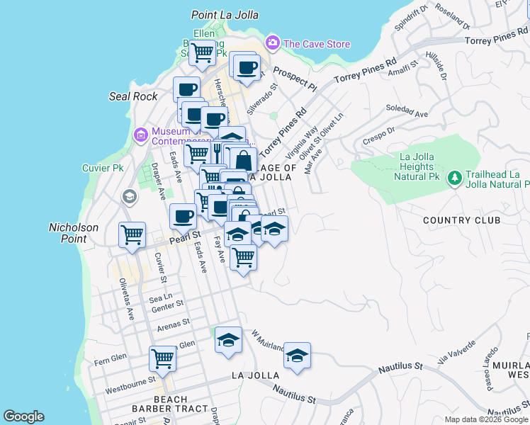 map of restaurants, bars, coffee shops, grocery stores, and more near 1140 Pearl Street in San Diego