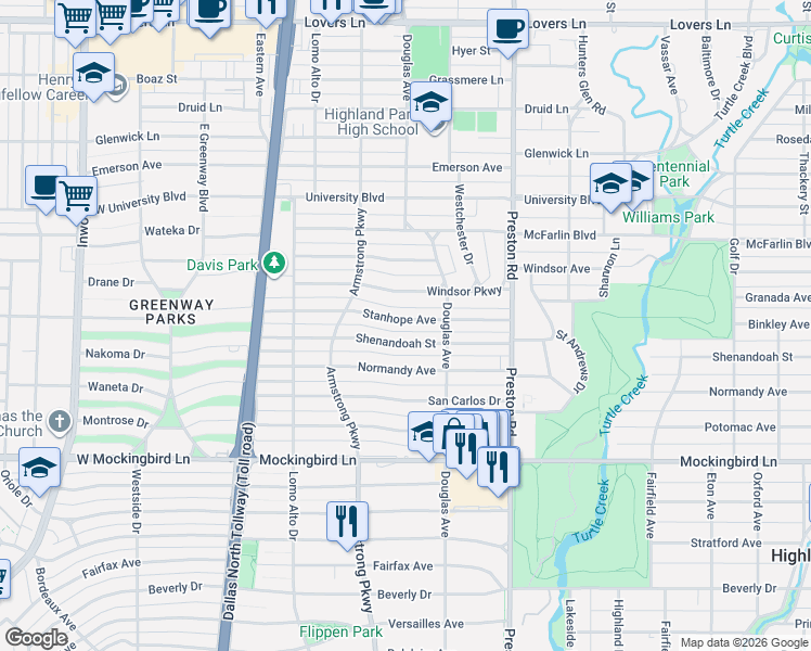 map of restaurants, bars, coffee shops, grocery stores, and more near 4227 Stanhope Street in Dallas