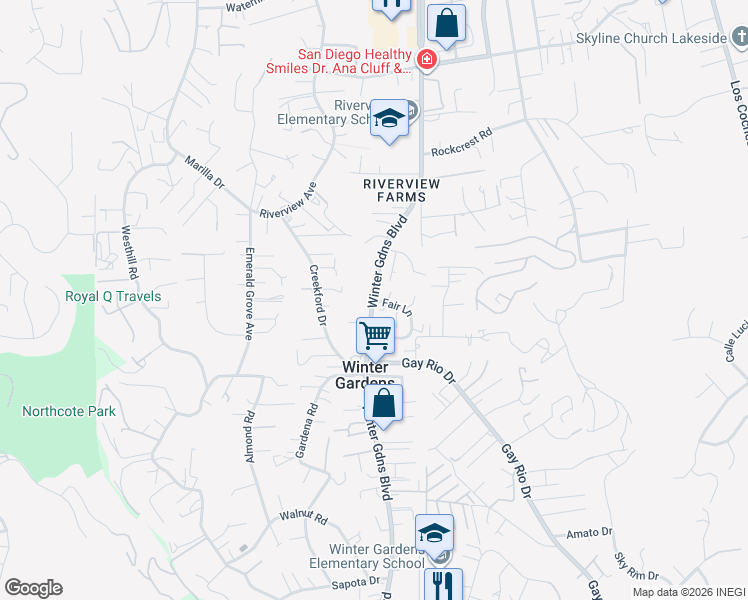 map of restaurants, bars, coffee shops, grocery stores, and more near Winter Gardens Boulevard & Fair Lane in Lakeside