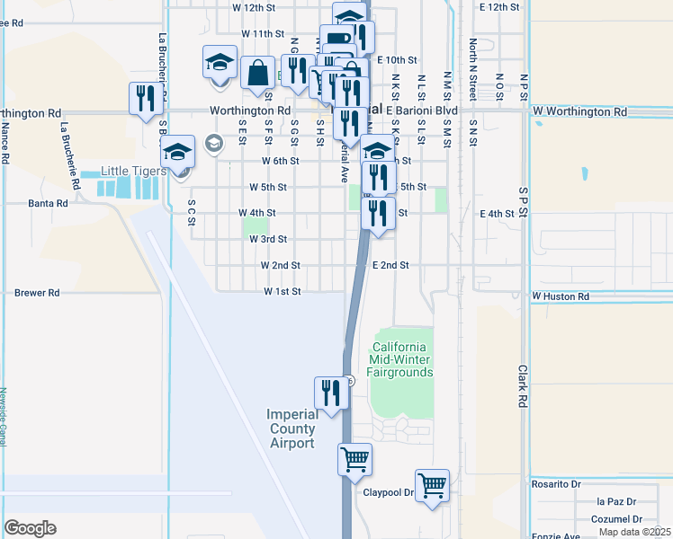 map of restaurants, bars, coffee shops, grocery stores, and more near 108 West 2nd Street in Imperial